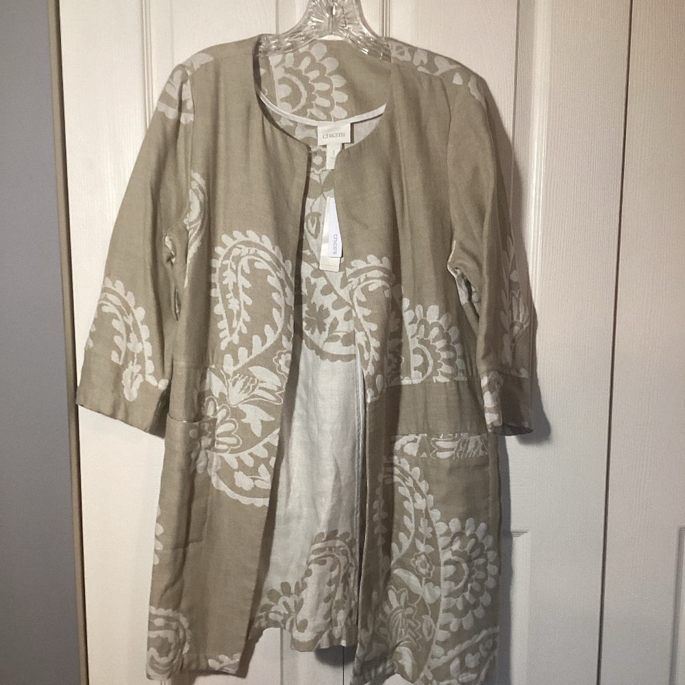 Chico's Coat Tan/Cream Jacquard Topper 3/4 Sleeve size 1(M/8)